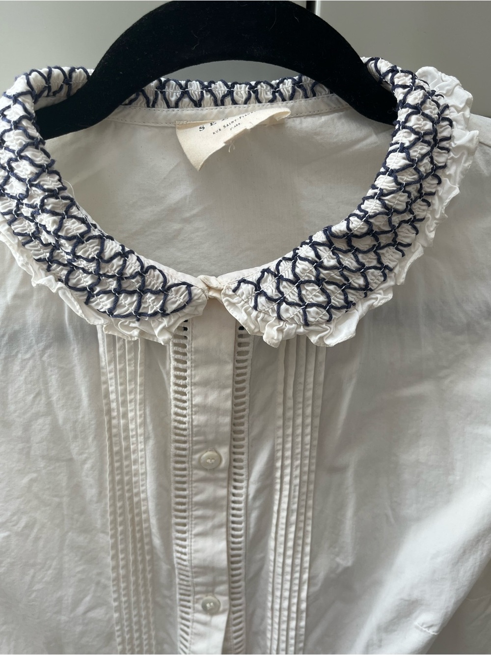 Sezane White Button-Down Blouse with Navy Embroidered Collar